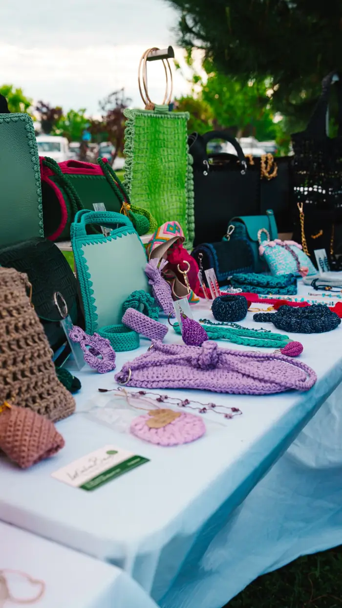 Borse in crochet e accessori colorati esposti sul tavolo